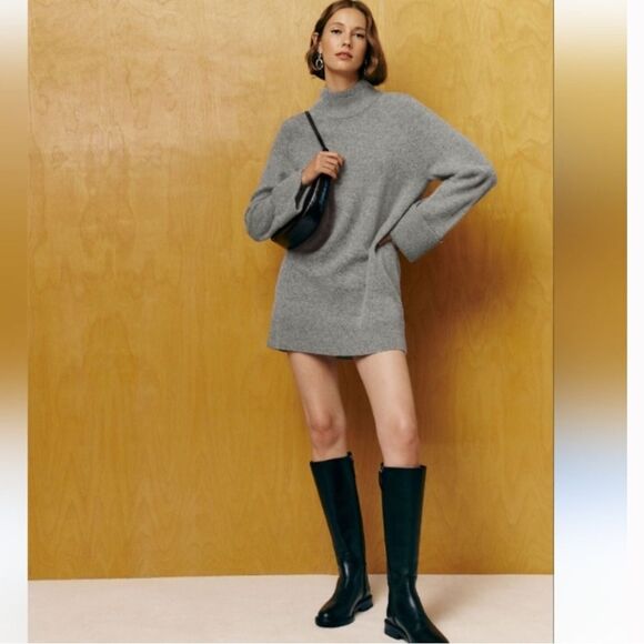 Tate Regenerative Wool Grey Ribbed Mock Neck Boxy Mini Sweater Dress size XL - Picture 1 of 9